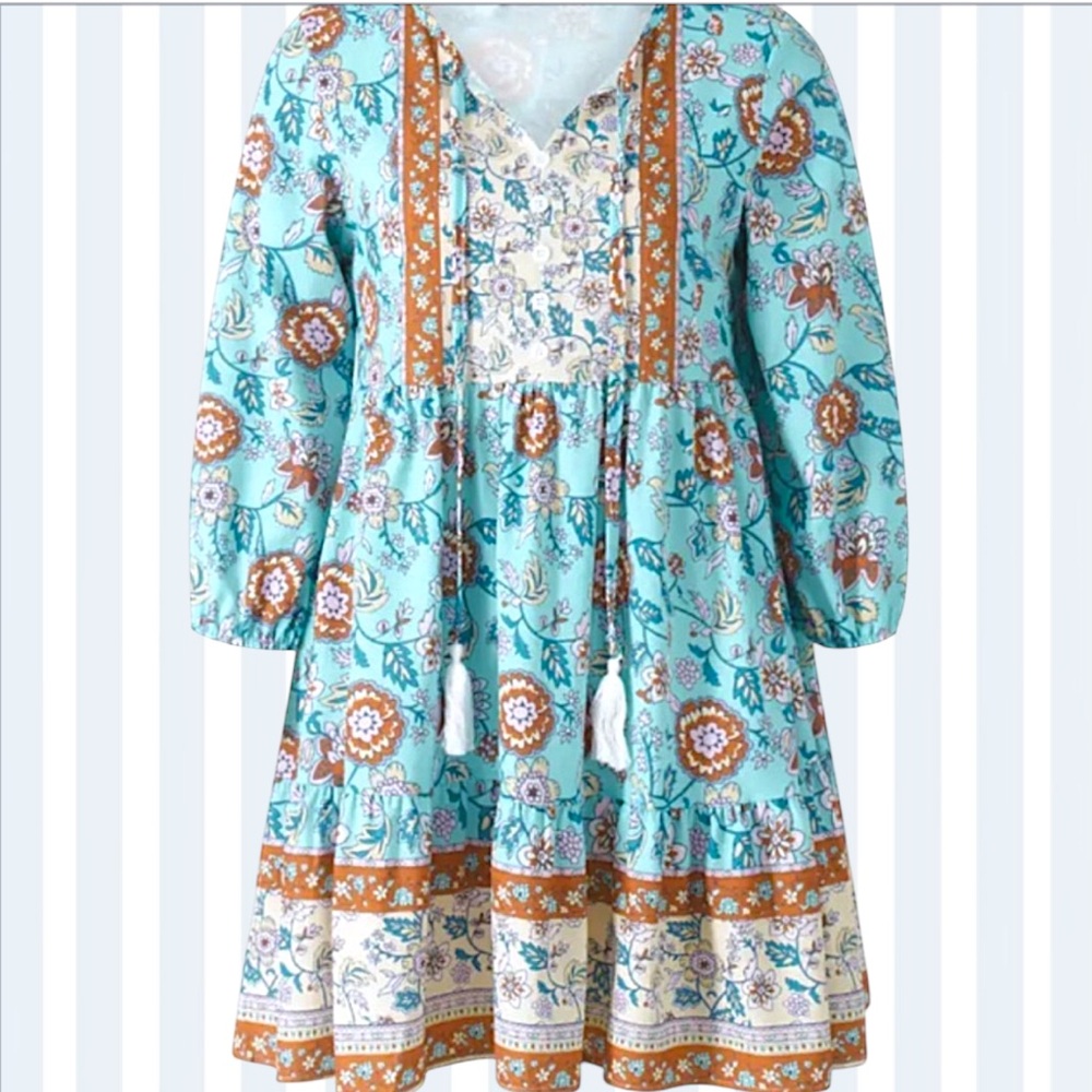 Floral Blue, Pink, Cream and Rust Boho Rustic Sundress Dress